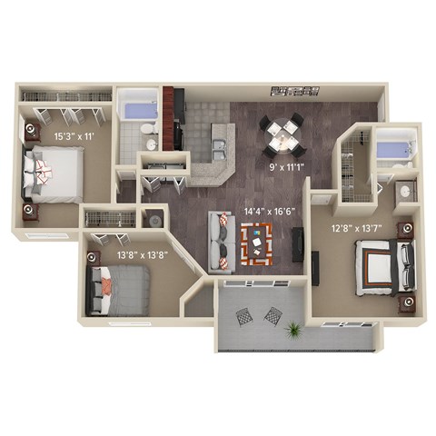 Floor plan for 3 beds, 2 baths, 1354 sqft